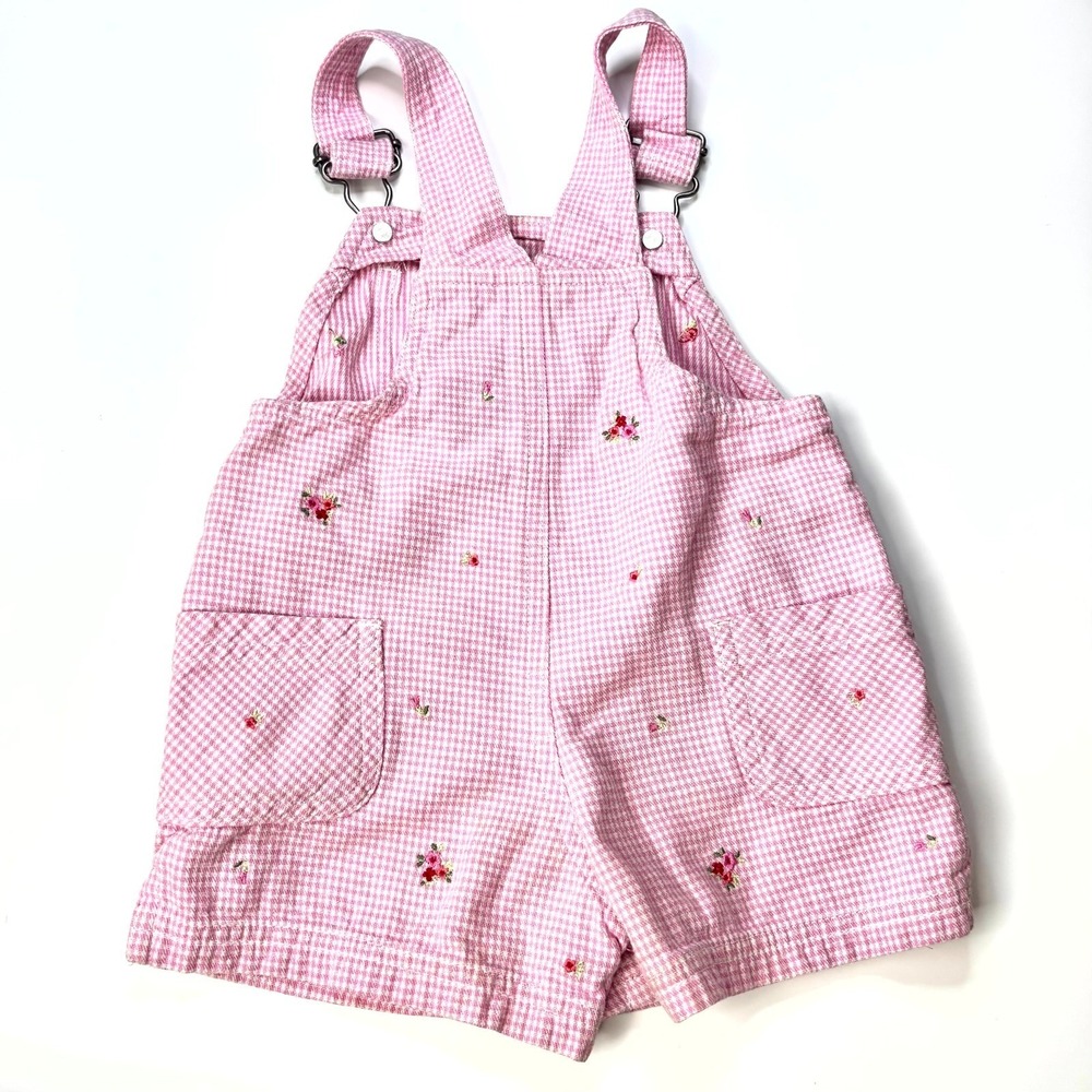 Vintage KRU Supplies Bib Overalls Baby Girls 12M Pink Gingham Floral Embroidered - Picture 2 of 3